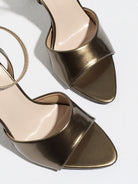 Mescini bronze single band ankle strap sandals, overhead close up of the pointed toe, US women's sizes