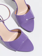 Mescini purple single band ankle strap sandals, overhead close up of the toe, US women's sizes