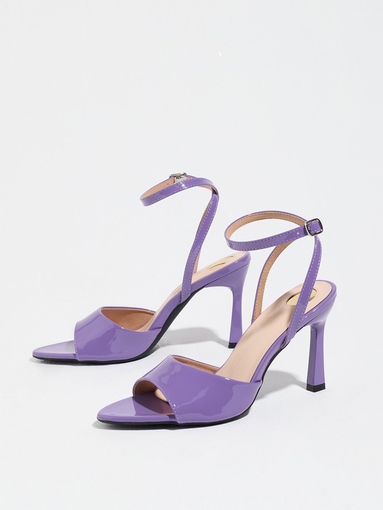 Mescini purple single band ankle strap sandals, the pair standing at an angle, US women's sizes