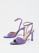 Mescini purple single band ankle strap sandals, the pair standing at an angle, US women's sizes