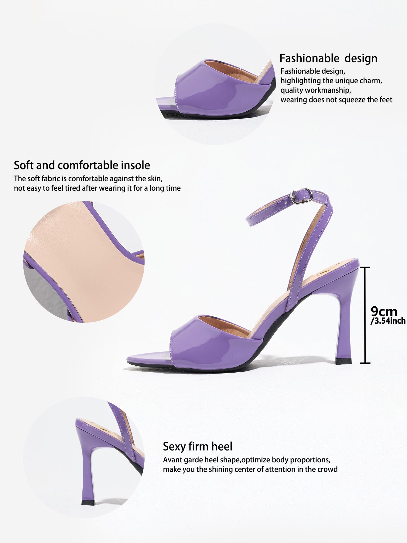 Mescini purple single band ankle strap sandals, graphic marking the 9 cm heel, US women's sizes