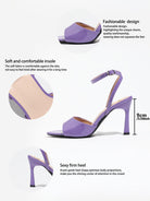 Mescini purple single band ankle strap sandals, graphic marking the 9 cm heel, US women's sizes