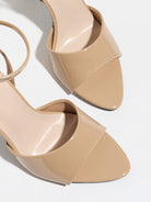 Mescini apricot single band ankle strap sandals, overhead close up of the toe, US women's sizes