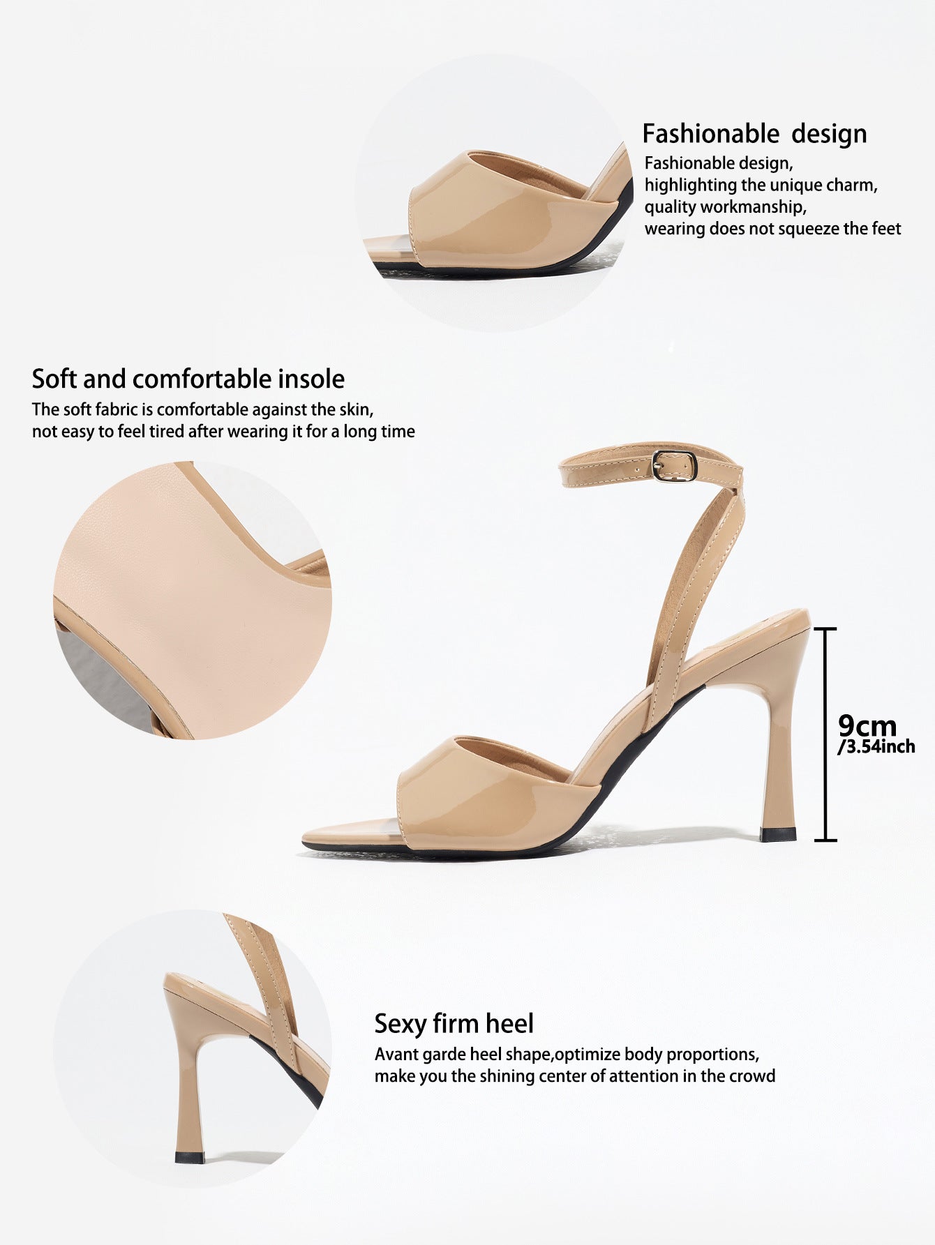 Mescini apricot single band ankle strap sandals, graphic marking the 9 cm heel, US women's sizes