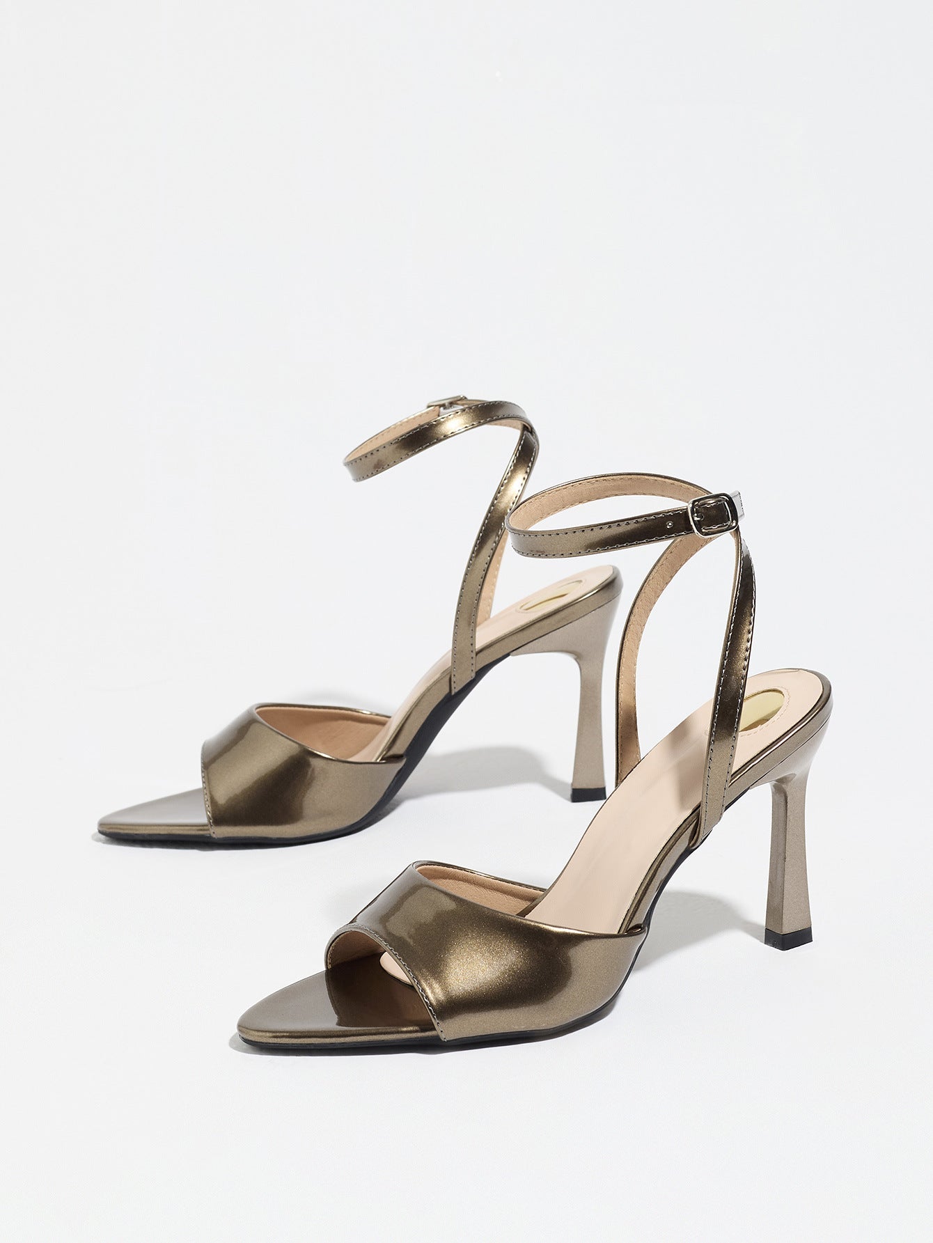 Mescini bronze single band ankle strap sandals, the pair standing at a slight angle, US women's sizes