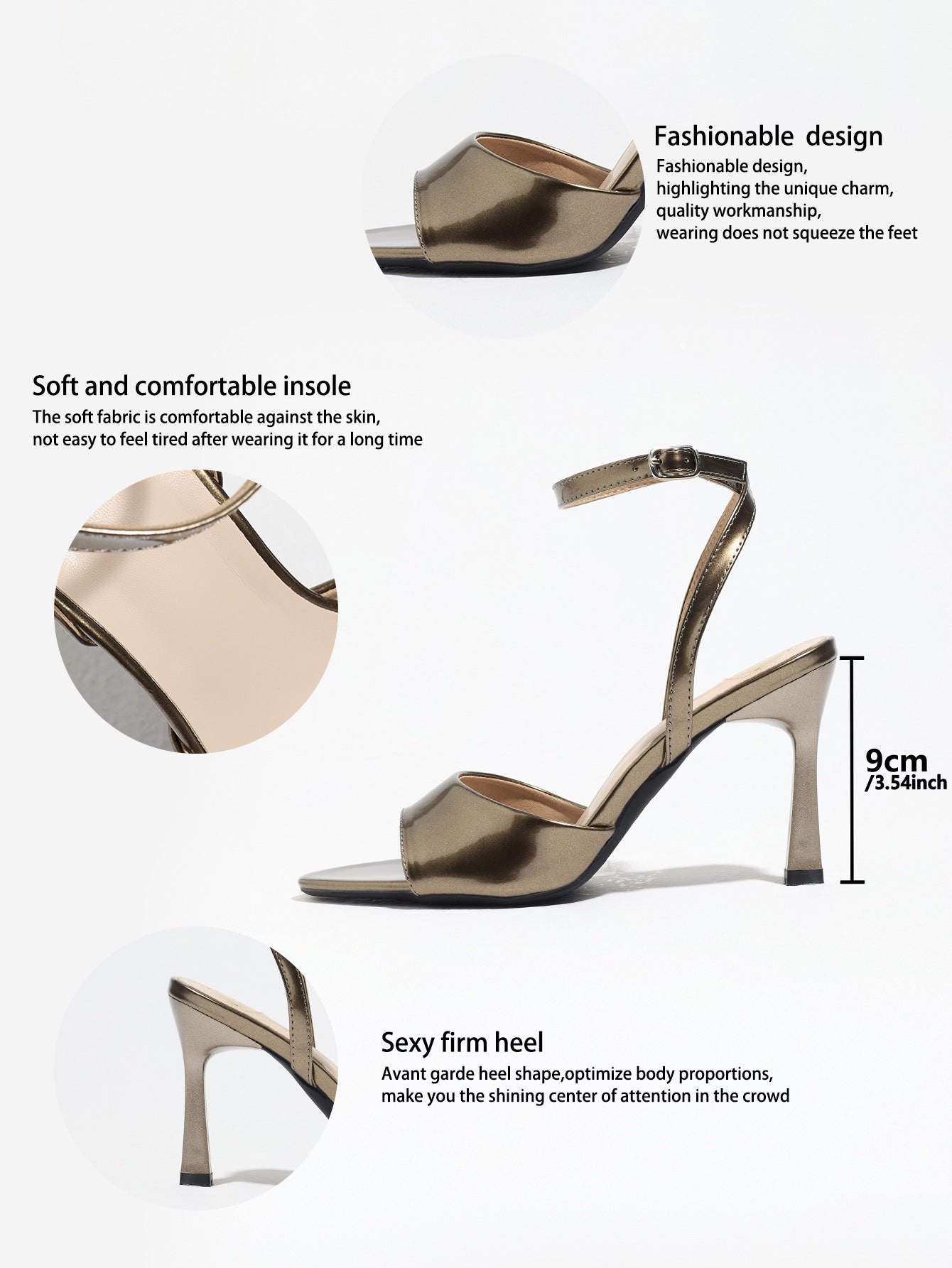 Mescini bronze single band ankle strap sandals, detail graphic marking the 9 cm heel, US women's sizes