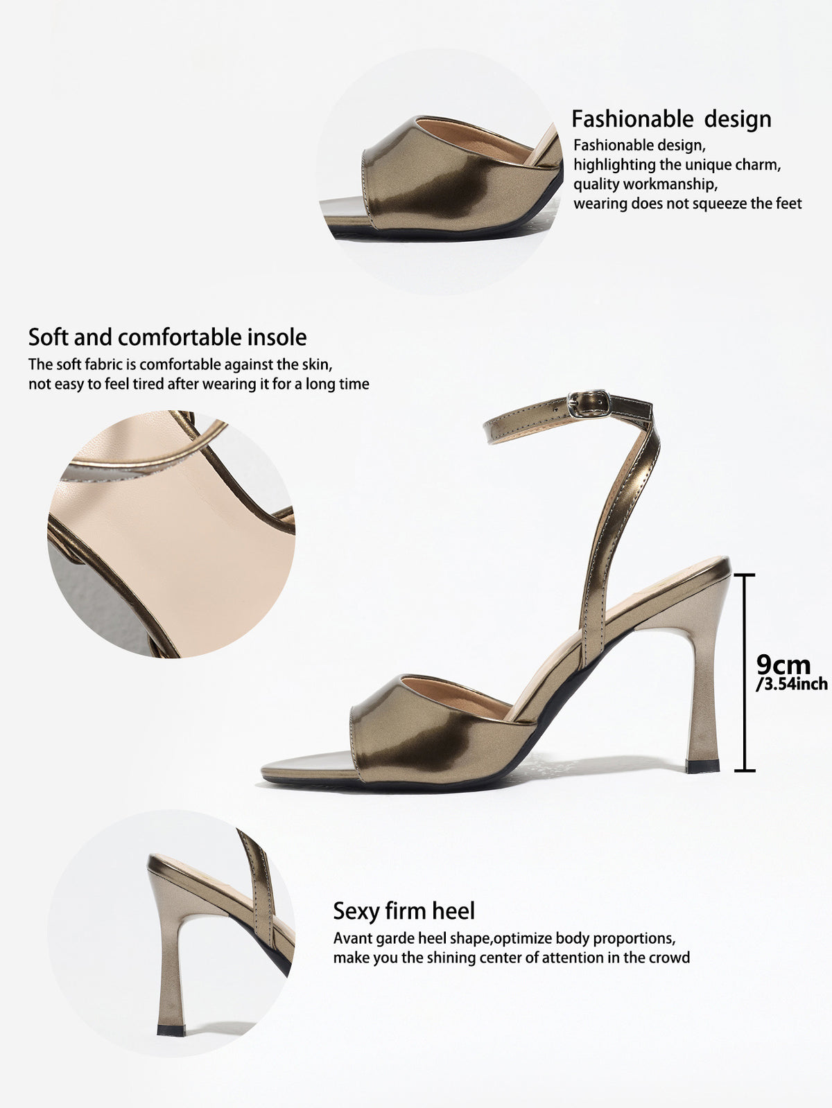 Mescini bronze single band ankle strap sandals, detail graphic marking the 9 cm heel, US women's sizes