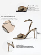 Mescini bronze single band ankle strap sandals, detail graphic marking the 9 cm heel, US women's sizes
