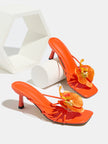 Mescini apricot square toe heeled mule sandals with orchid trim, styled pair, US women's sizes