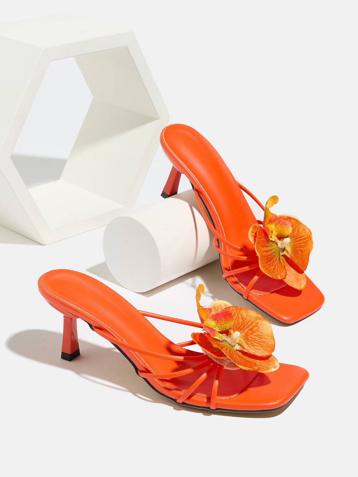 Mescini apricot square toe heeled mule sandals with orchid trim, styled pair, US women's sizes