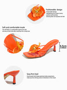 Mescini apricot square toe heeled mule sandals, supplier design panel with notes, US women's sizes