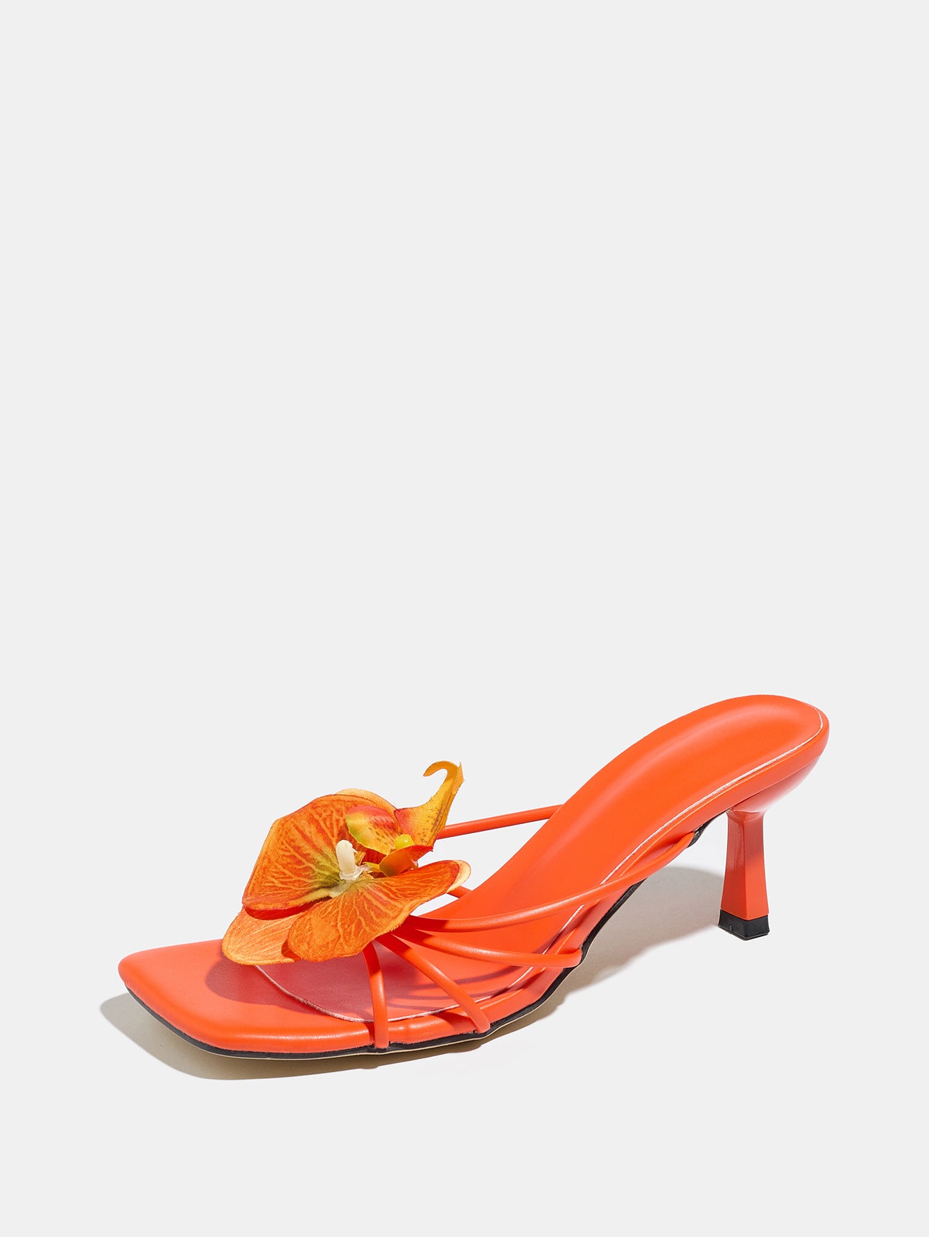Mescini apricot square toe heeled mule sandal, single shoe with orchid flower, US women's sizes