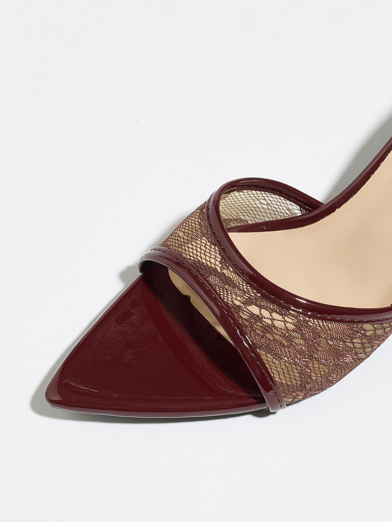 Mescini burgundy sheer lace pointed toe mule heels, close up of the sharp tip of the shoe, US women's sizes