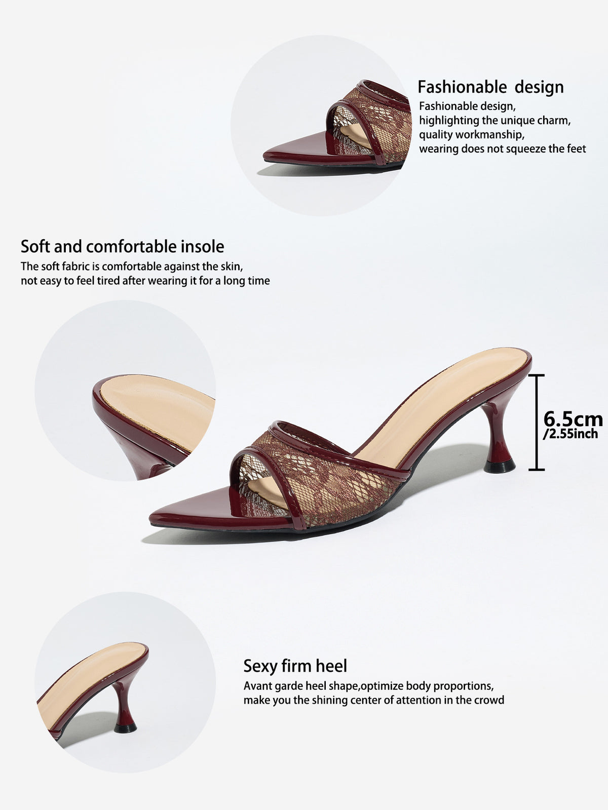 Mescini burgundy sheer lace pointed toe mule heels, feature panel with a 6.5 cm callout, US women's sizes