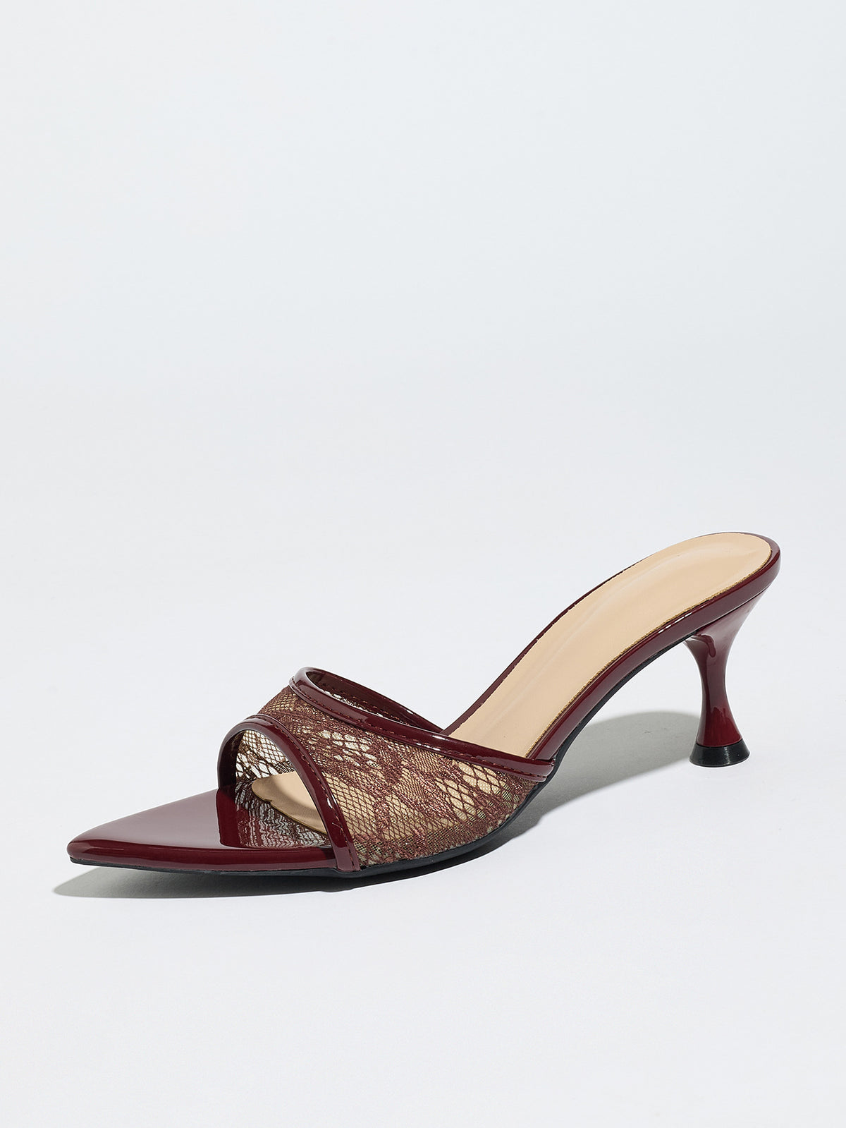 Mescini burgundy sheer lace pointed toe mule heels, single shoe turned to the side, US women's sizes