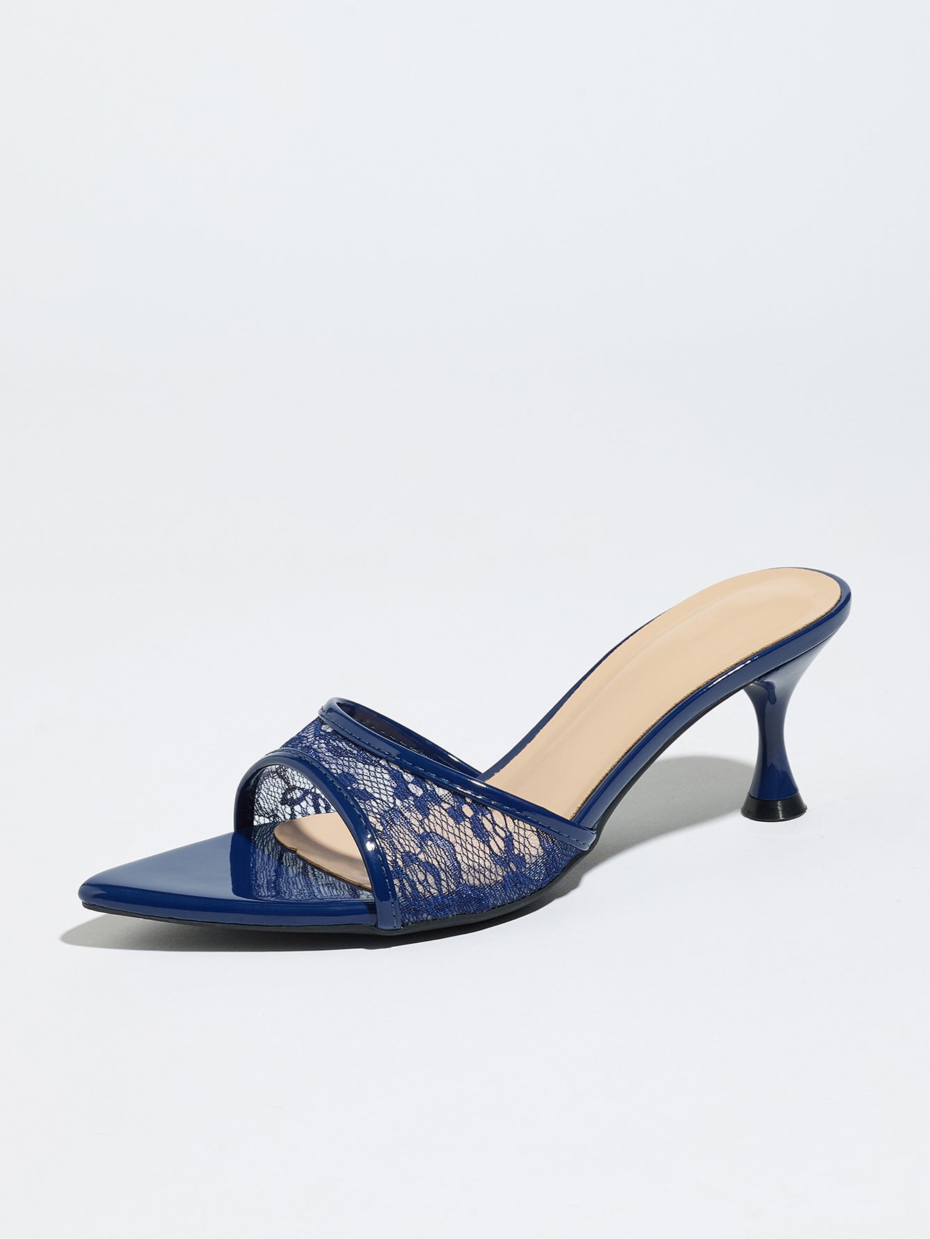 Mescini navy sheer lace pointed toe mule heels, single shoe in side profile, US women's sizes