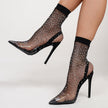 Mescini – black rhinestone mesh sock boots worn on the model, side view, US women's sizes