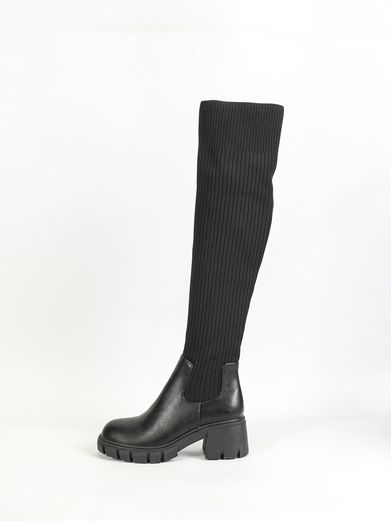 Mescini black ribbed knit over the knee platform boots, single shoe side profile on white, US women's sizes