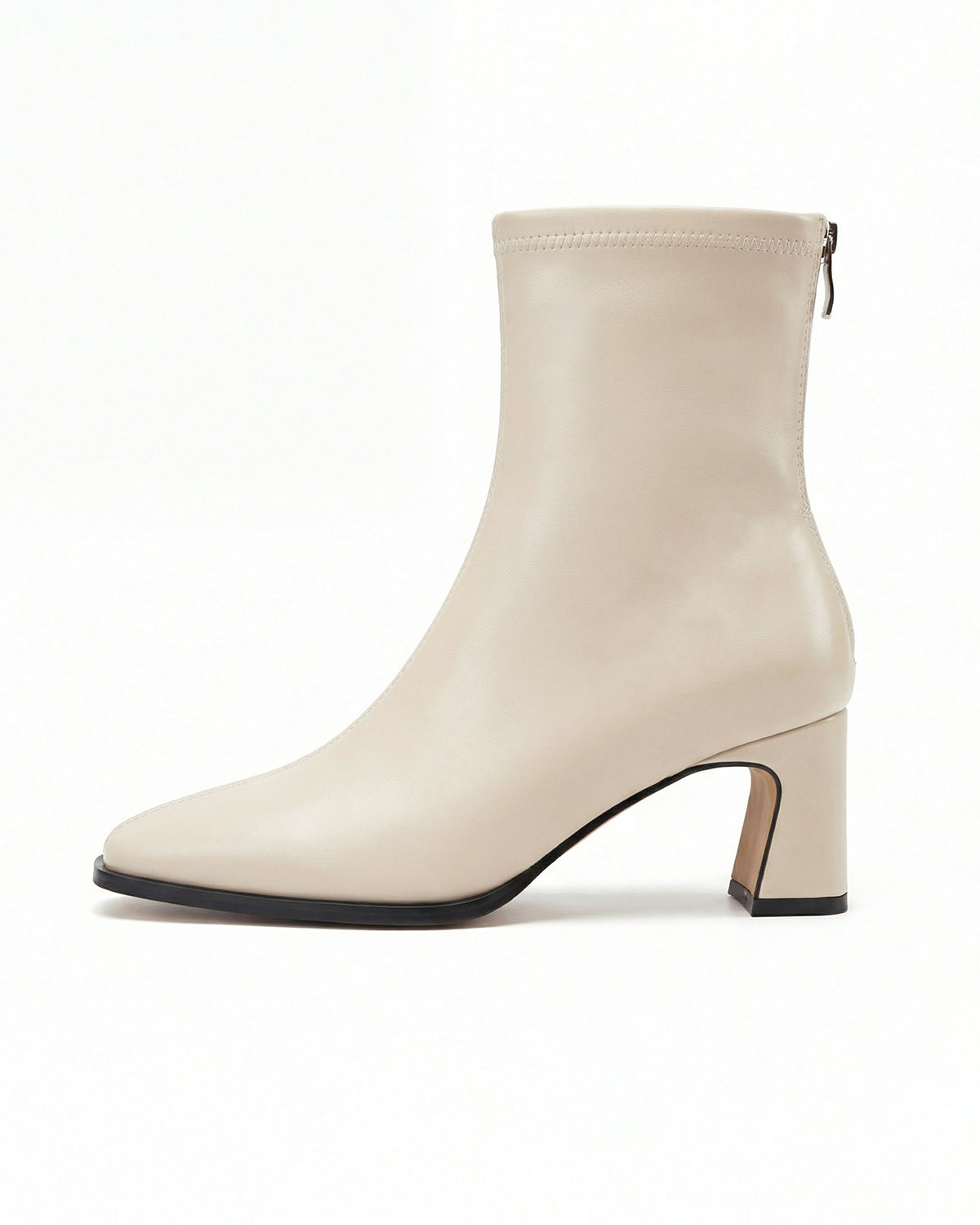 Mescini cream square toe stretch ankle boot side profile with back zip and curved heel