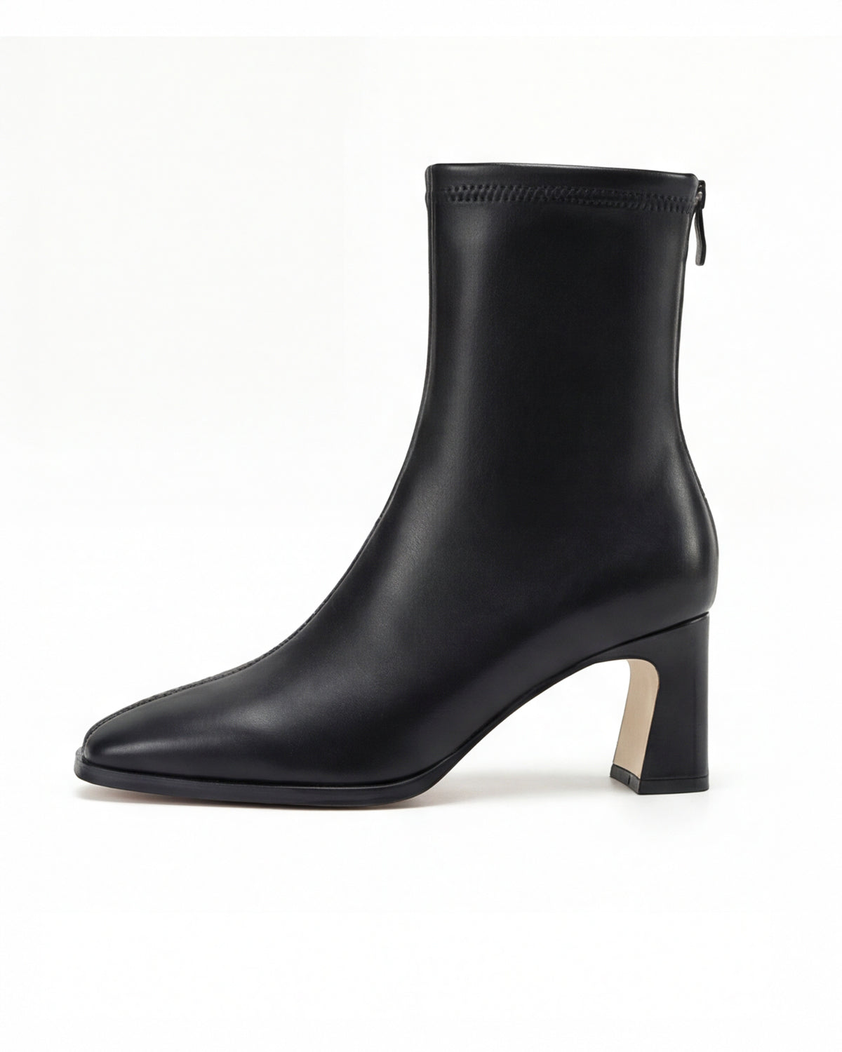 Mescini black square toe stretch ankle boot side view with scooped curved block heel