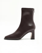 Mescini brown square toe stretch ankle boot side view with back zip and curved heel