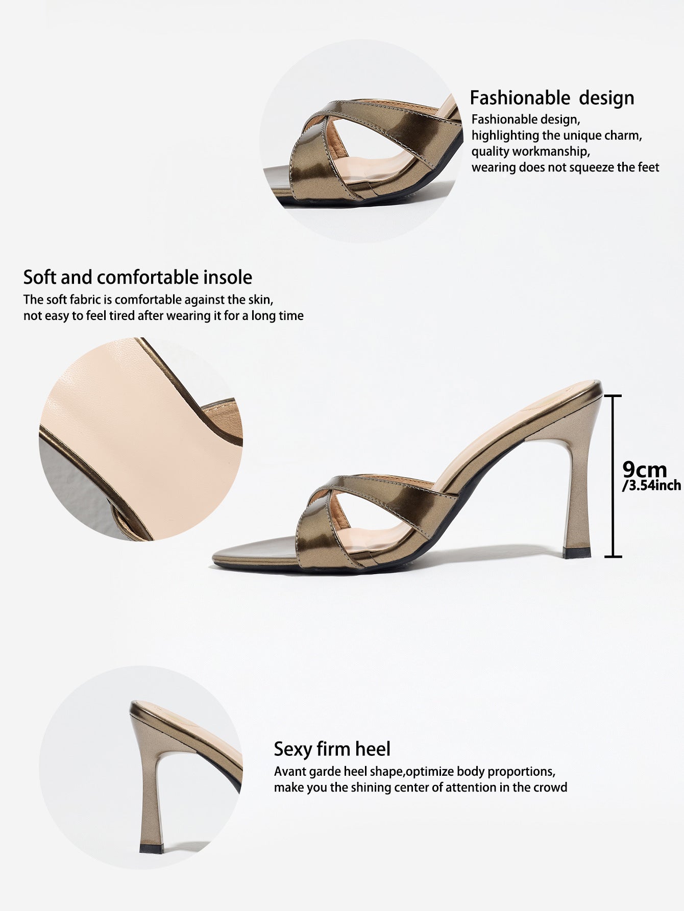 Mescini bronze cross strap stiletto mule sandals, feature graphic with heel height, US women's sizes