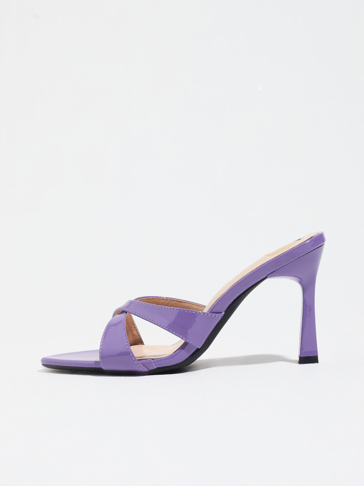 Mescini purple cross strap stiletto mule sandals, single shoe in side view, US women's sizes