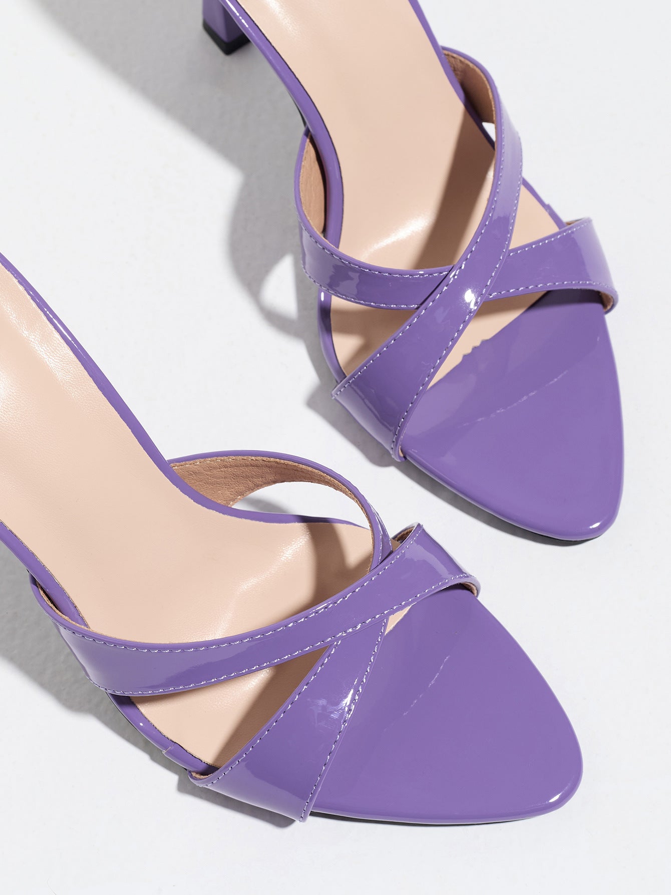 Mescini purple cross strap stiletto mule sandals, close crop of the pointed toes, US women's sizes