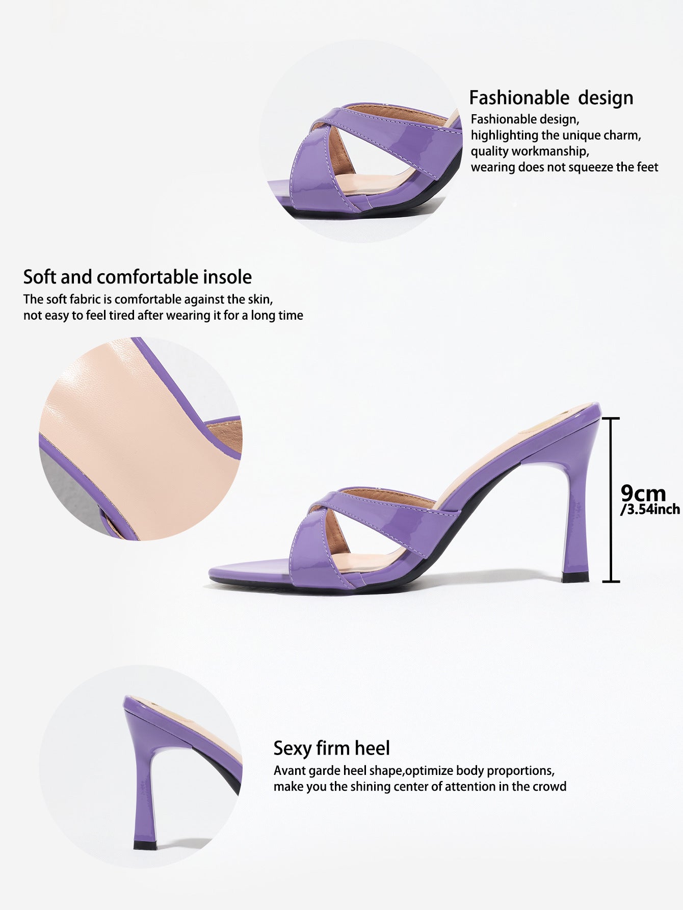 Mescini purple cross strap stiletto mule sandals, feature panel with heel diagram, US women's sizes