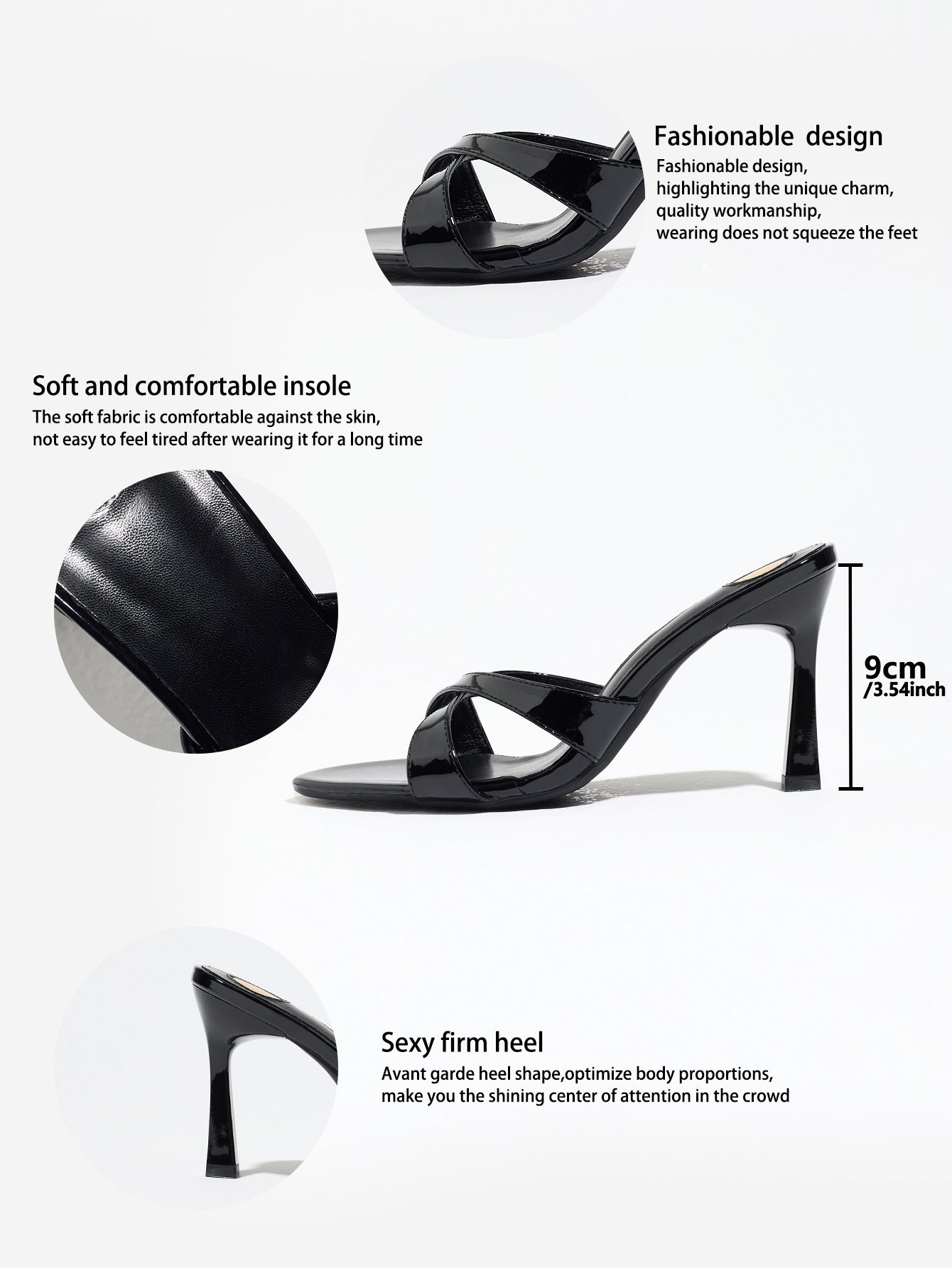 Mescini black cross strap stiletto mule sandals, feature panel with 9 cm heel diagram, US women's sizes