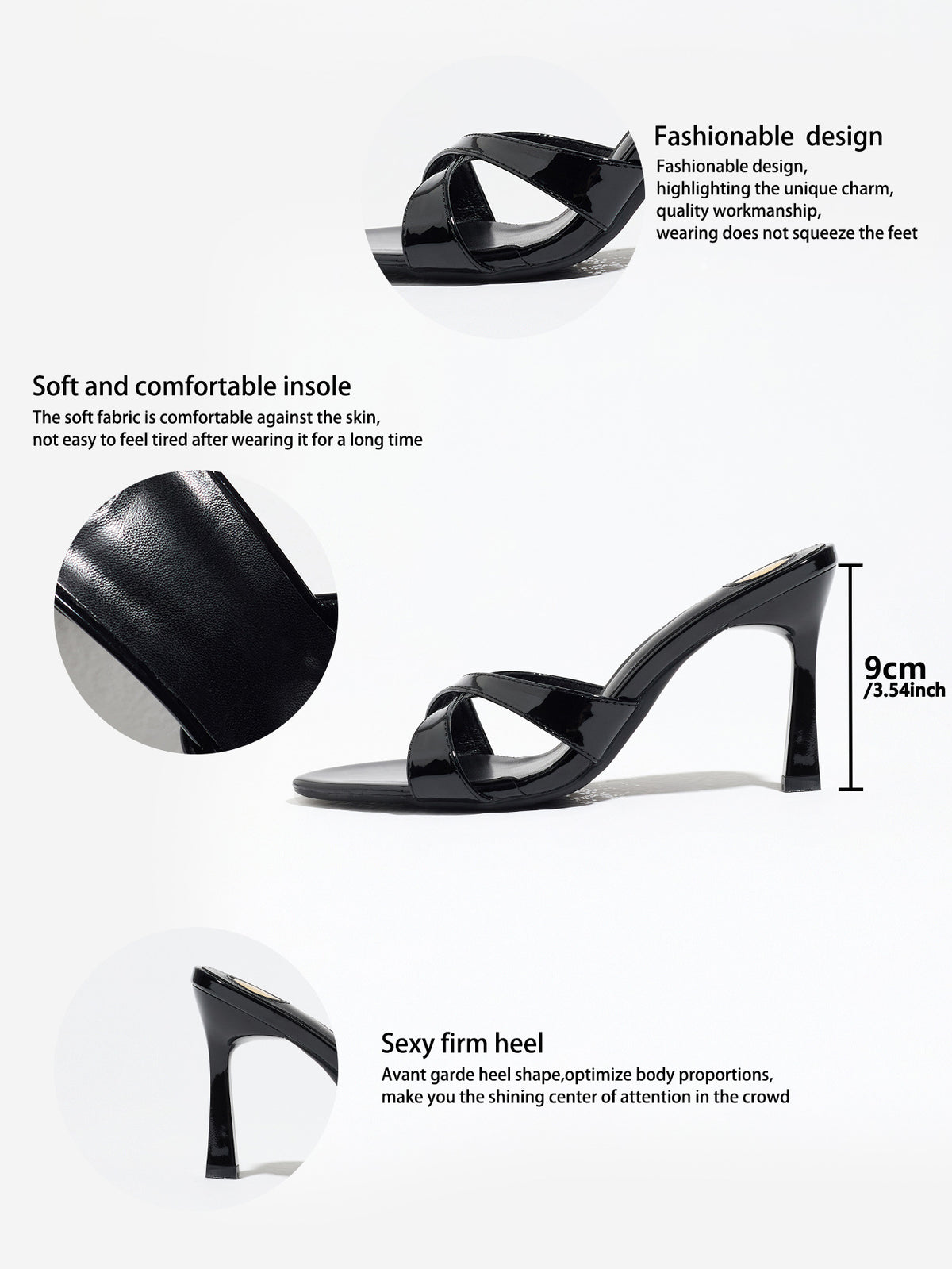 Mescini black cross strap stiletto mule sandals, feature panel with 9 cm heel diagram, US women's sizes