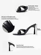 Mescini black cross strap stiletto mule sandals, feature panel with 9 cm heel diagram, US women's sizes