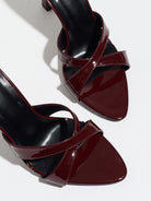 Mescini burgundy cross strap stiletto mule sandals, close up of toe and straps, US women's sizes