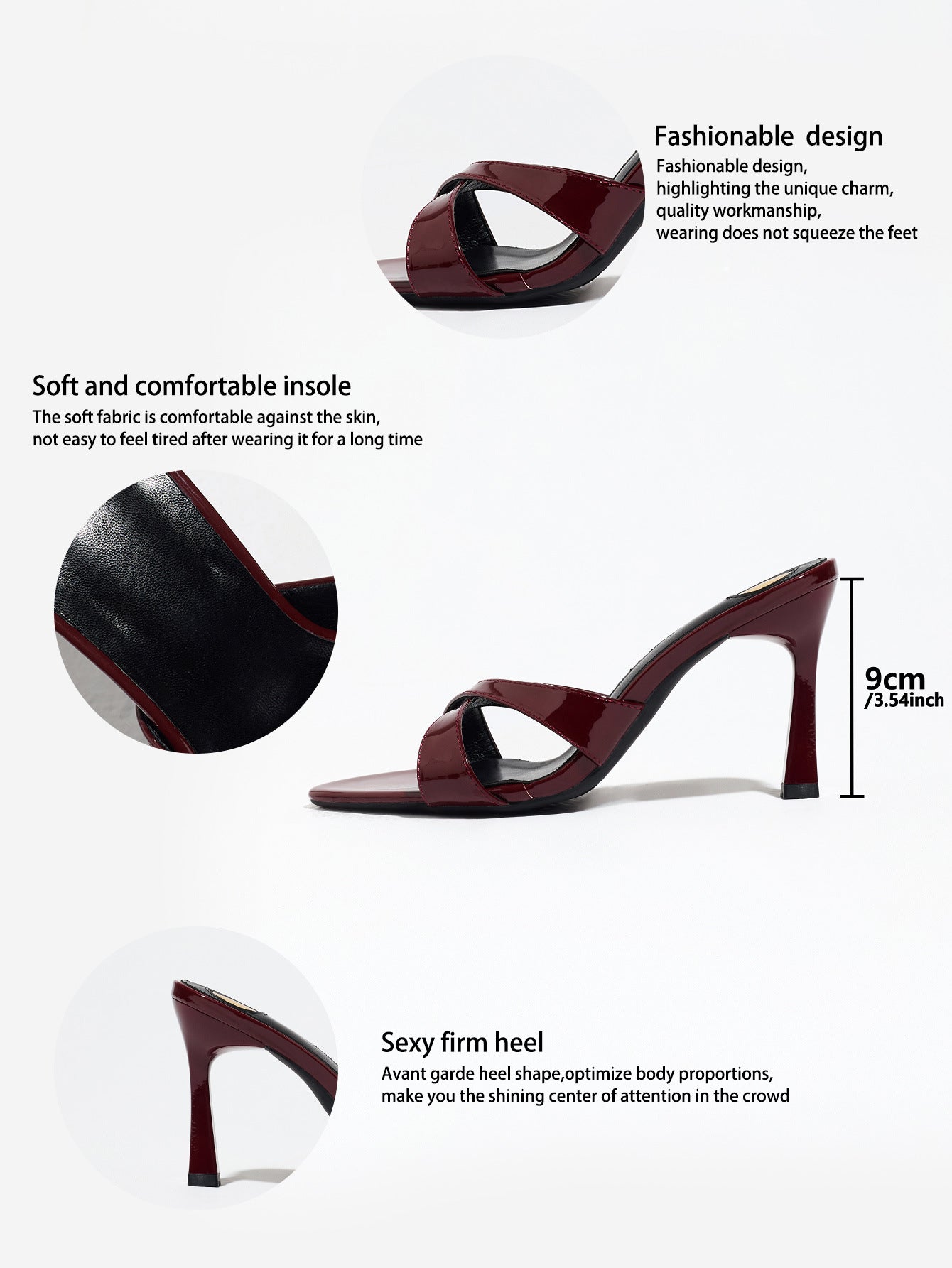 Mescini burgundy cross strap stiletto mule sandals, spec panel showing 9 cm heel, US women's sizes