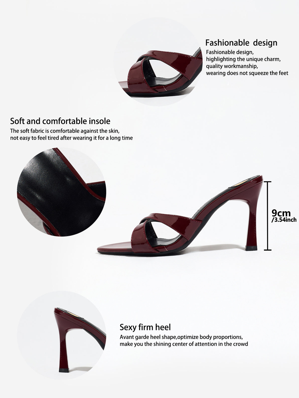Mescini burgundy cross strap stiletto mule sandals, spec panel showing 9 cm heel, US women's sizes