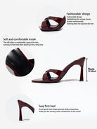 Mescini burgundy cross strap stiletto mule sandals, spec panel showing 9 cm heel, US women's sizes