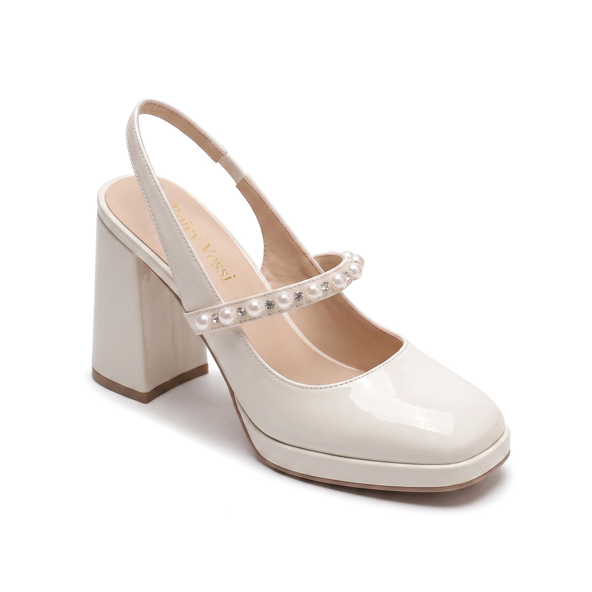 Mescini white pearl strap platform mary jane heels, a single shoe angled on a pale ground, US women's sizes