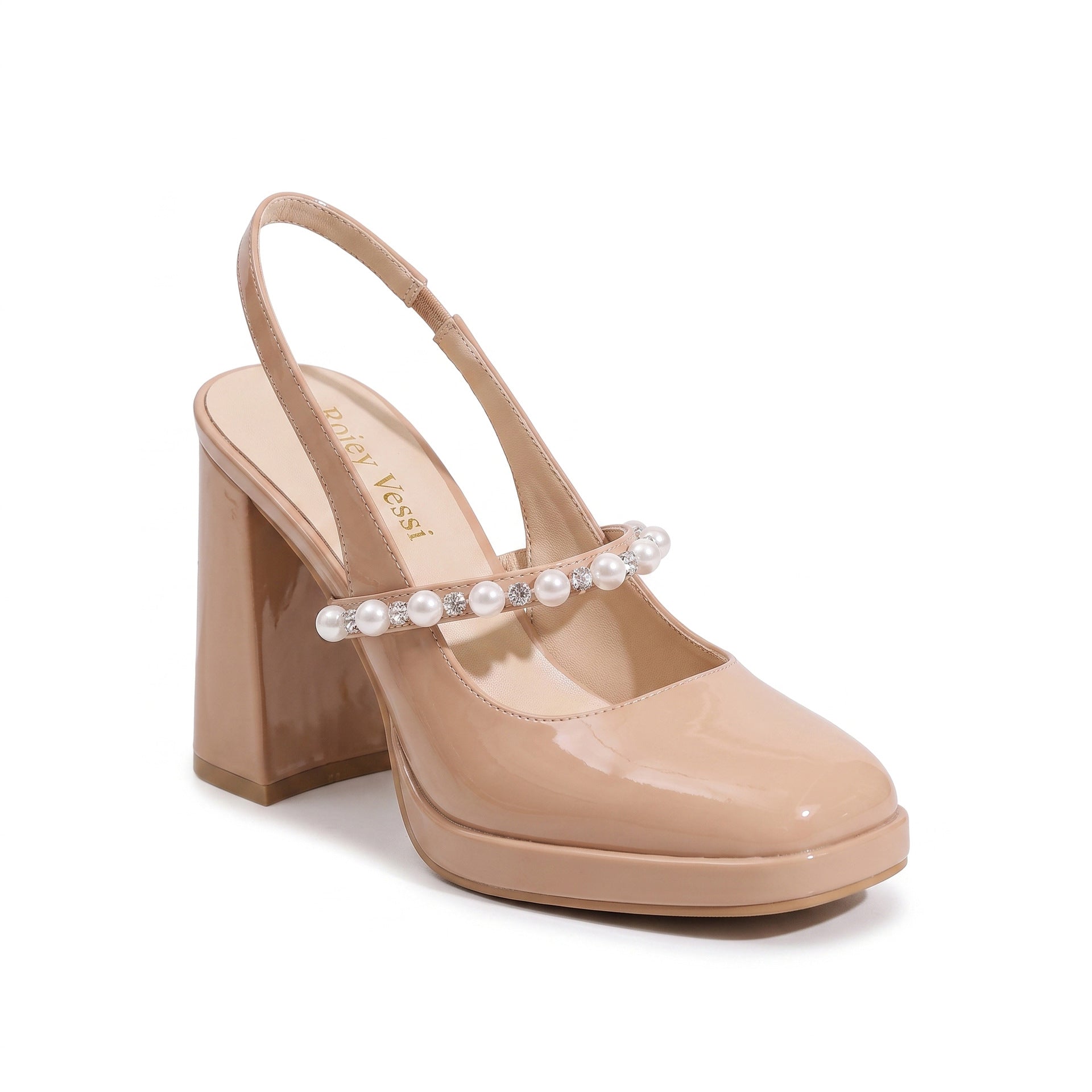 Mescini nude pearl strap platform mary jane heels, single shoe seen from the side on white, US women's sizes