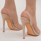 Mescini - Nude crystal mesh knee high boots, pointed toe and stiletto heel, US women's sizes
