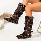 Mescini – brown polka dot fold over boots worn as a pair, full view, US women's sizes