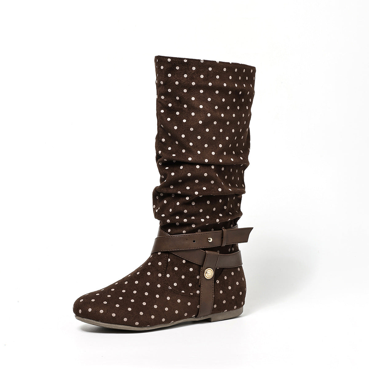 Mescini brown ruched buckle fold over flat boots, single boot in side view on white, US women's sizes