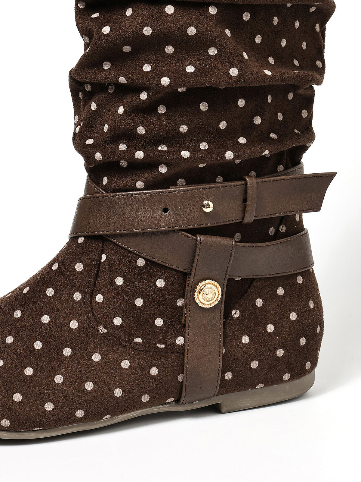 Mescini brown ruched buckle fold over flat boots, close up of the strap and polka dots, US women's sizes