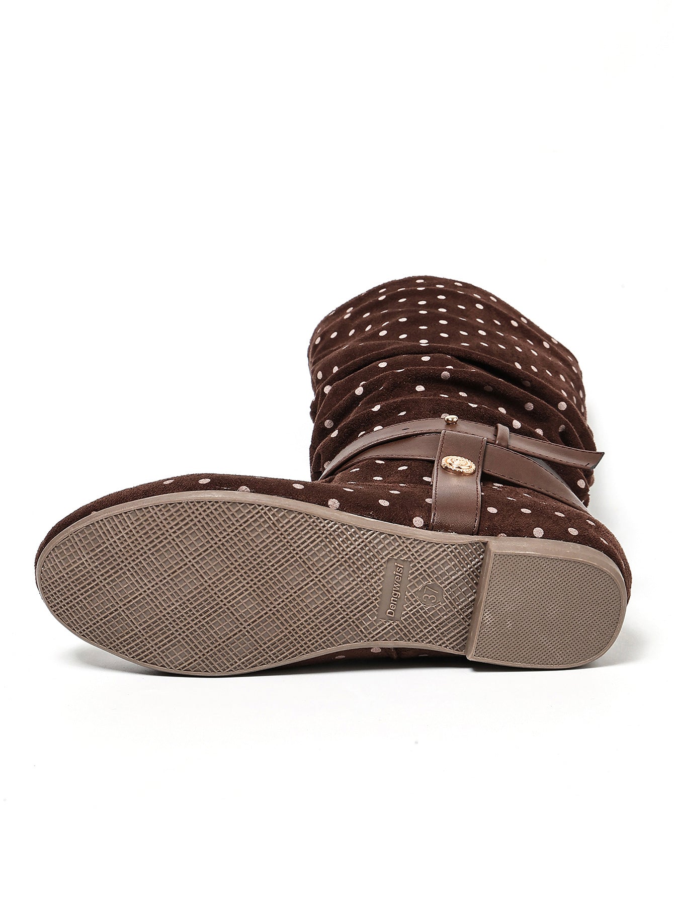 Mescini brown ruched buckle fold over flat boots, laid on its side to show the ribbed sole, US women's sizes