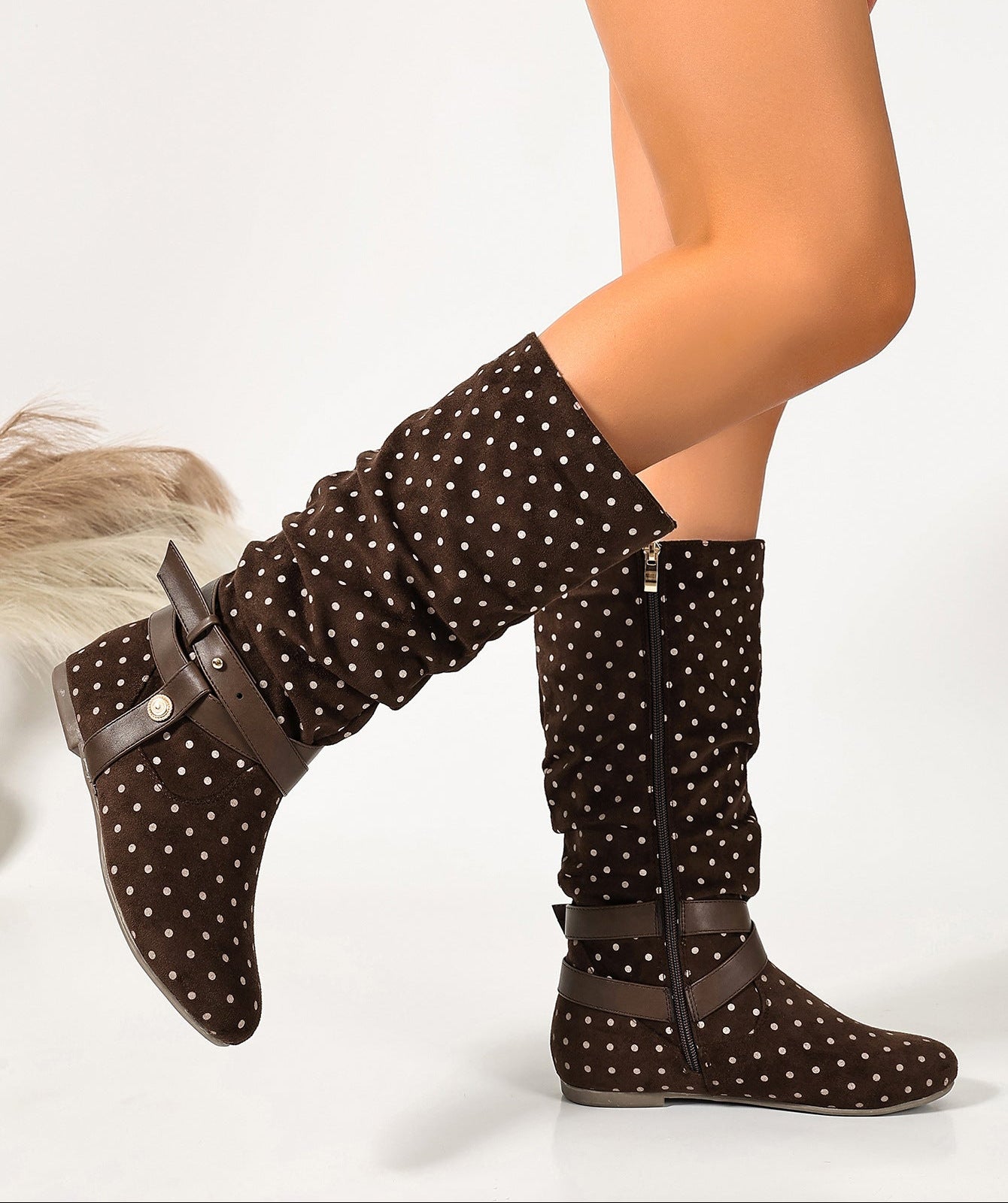 Mescini brown ruched buckle fold over flat boots, worn by a seated model, side view, US women's sizes