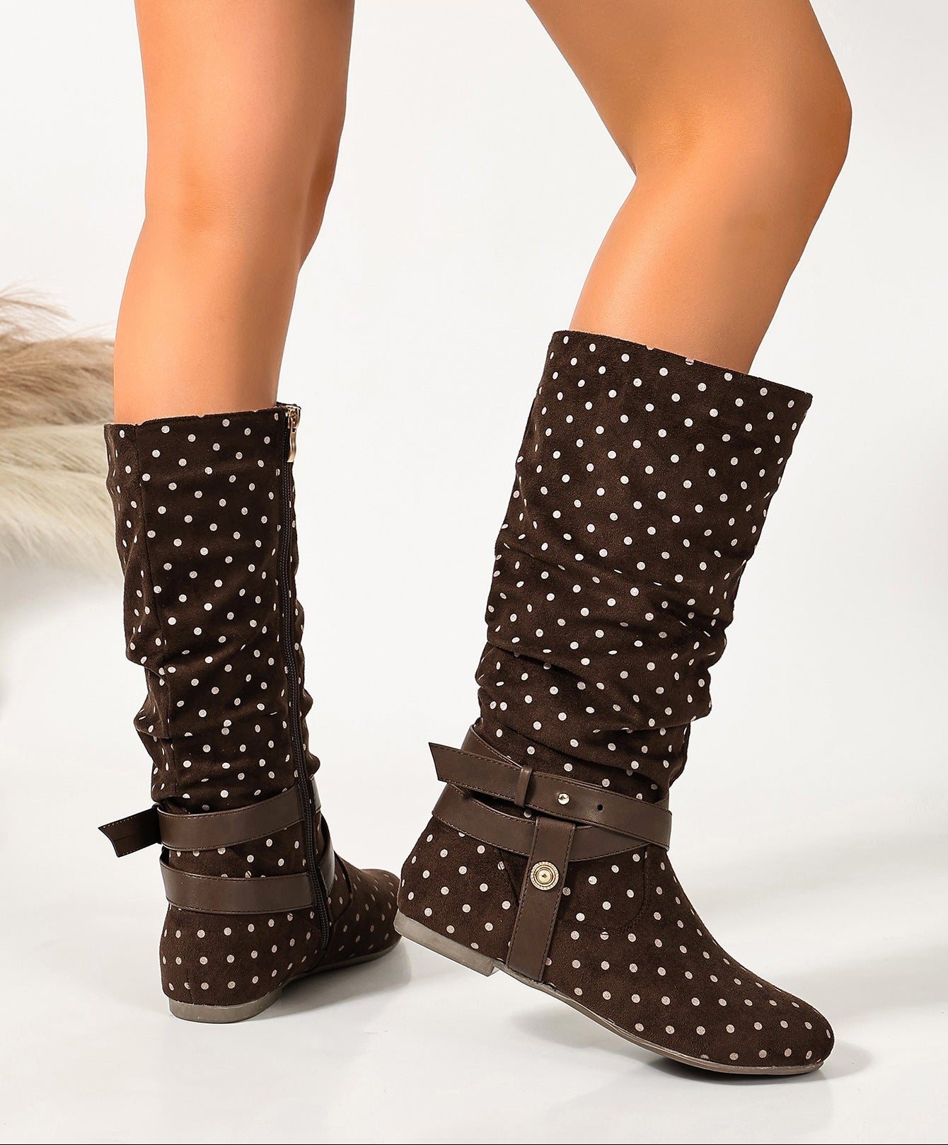 Mescini brown ruched buckle fold over flat boots, worn standing, front view of a pair, US women's sizes