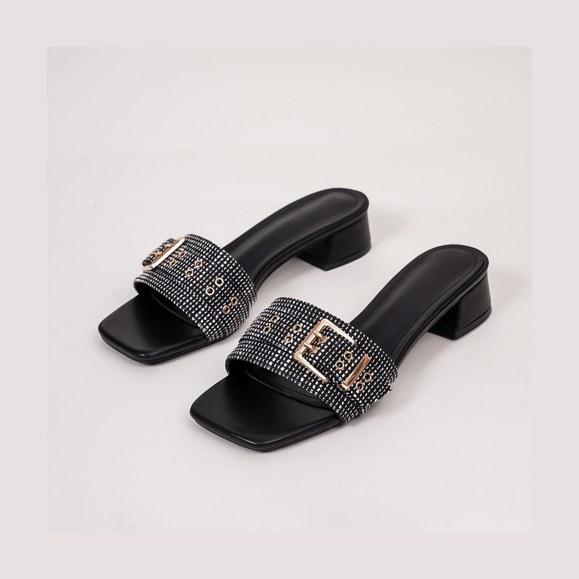 Mescini - Black square toe block heel sandals, crystal buckle band studio pair, US women's sizes