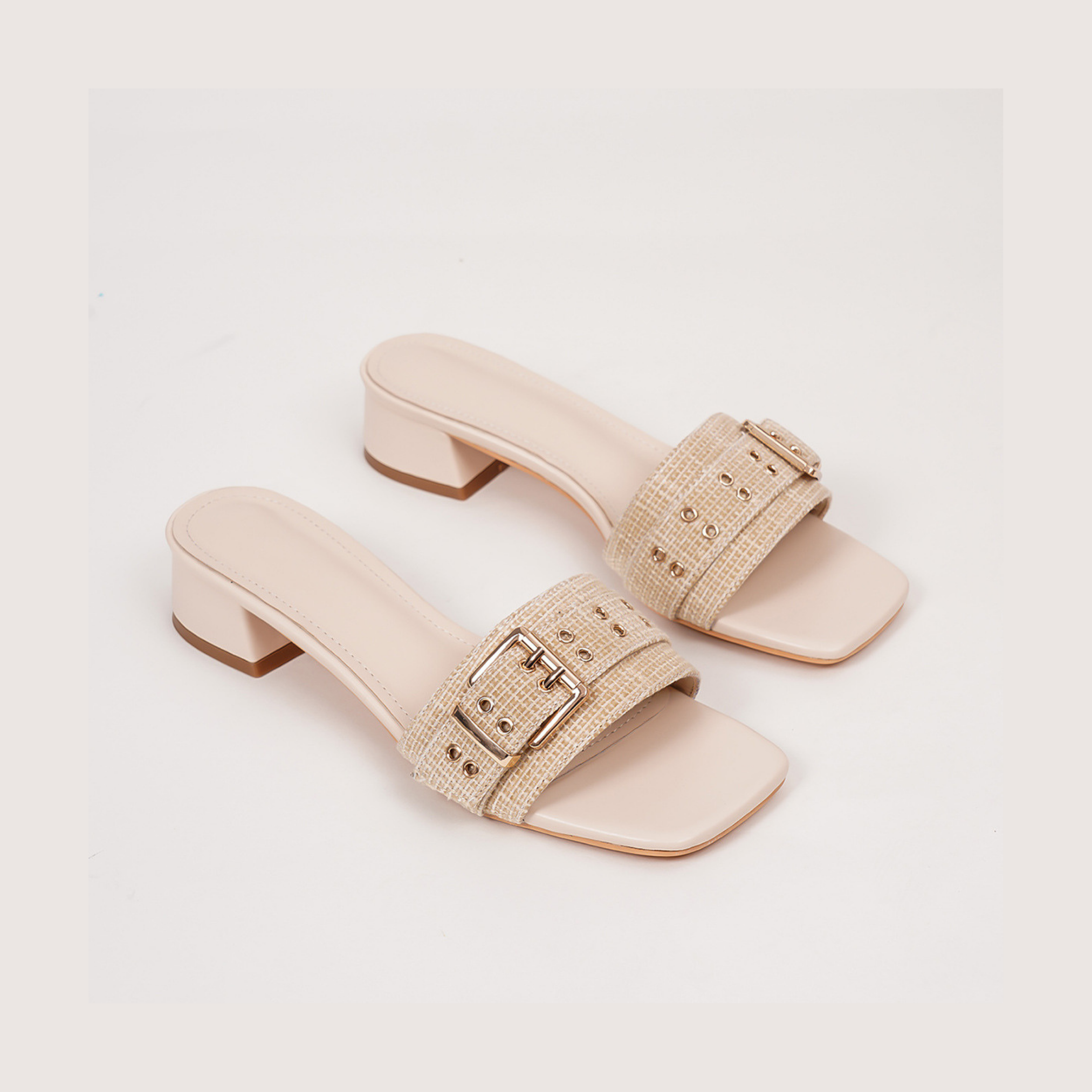 Mescini - Beige square toe block heel sandals, studded buckle band studio pair, US women's sizes