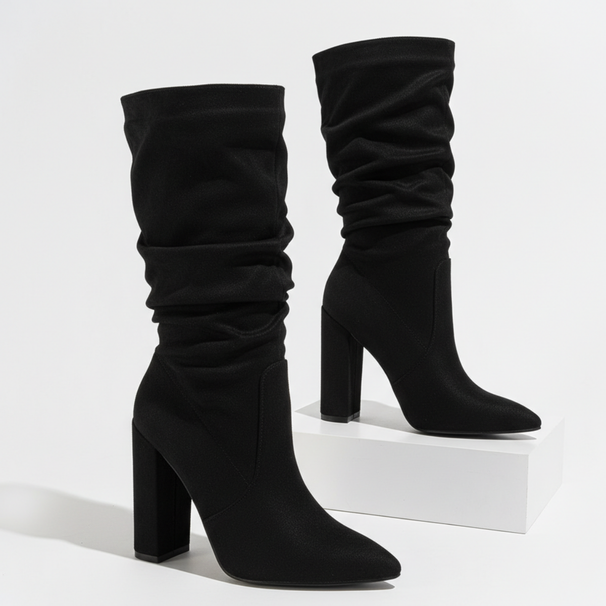 Mescini - black slouchy knee high boots, studio pair on a white block, US women's sizes