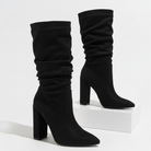 Mescini - black slouchy knee high boots, studio pair on a white block, US women's sizes