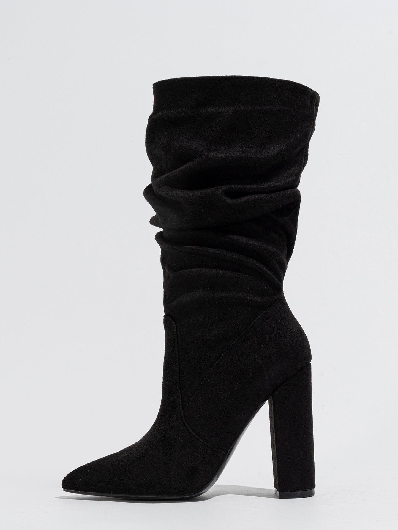 Mescini black slouchy suede knee high boots, single boot in profile view, US women's sizes